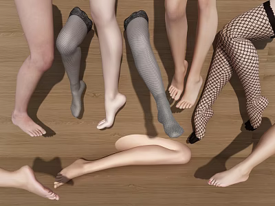Women's Legs And Feet In Various Stockings And Bare Styles Displayed On Wooden Floor 3d model