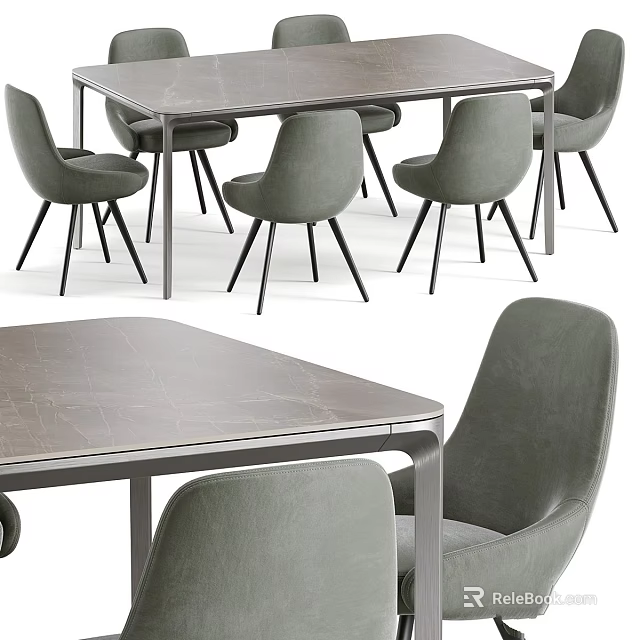 Modern Table And Chair Set With Grey Upholstered Chairs And Metal Frame Marble Top 3d model 