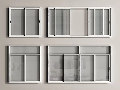 Different Types Of Modern Window Designs With Sliding Panels And White Frames 3d model