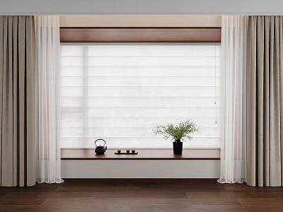 Modern Interior Window With Curtains Blinds Window Sill Plant And Teapot On Wooden Floor 3d model