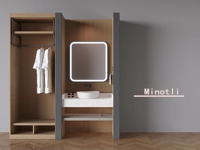 Modern Wooden Wardrobe with Mirror Sink Hanging Area and Storage 3d model