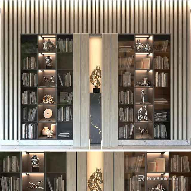 Elegant Modern Storage Cabinet With Books Decorative Items And Built In Lighting 3d model 