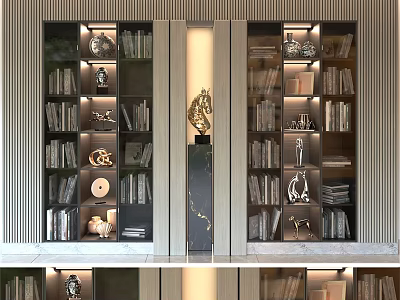 Elegant Modern Storage Cabinet With Books Decorative Items And Built In Lighting 3d model