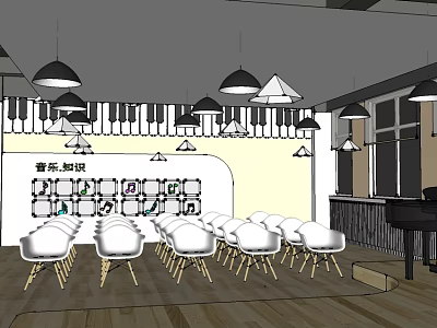 School Music Classroom With Musical Notes Staff Piano And White Chairs 3d model