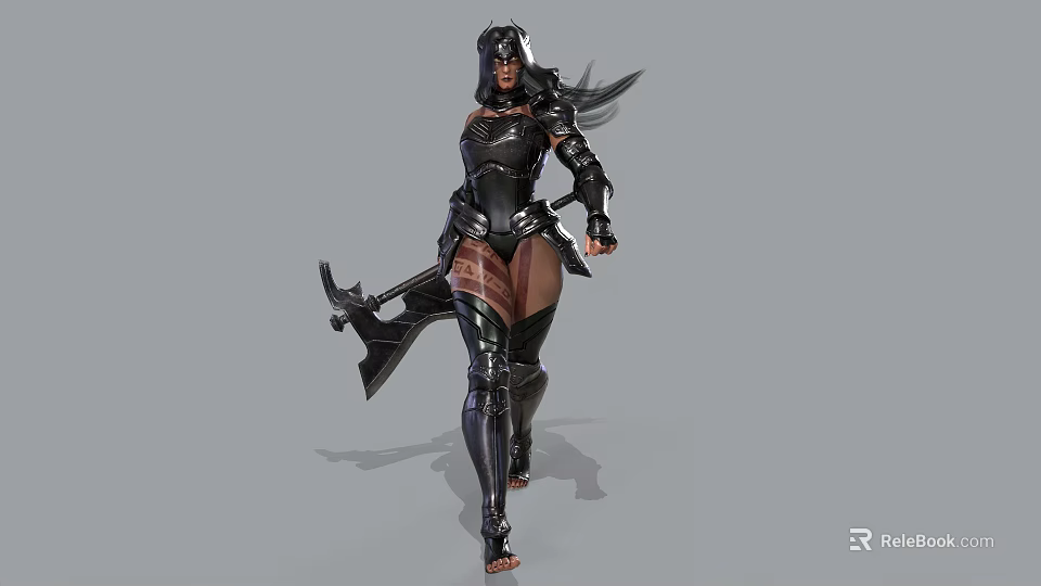 Female Warrior in Black Armor With Large Battle Axe Walking Confidently 3d model 