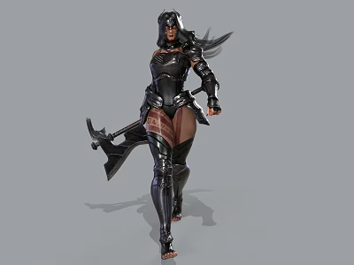 Female Warrior in Black Armor With Large Battle Axe Walking Confidently 3d model