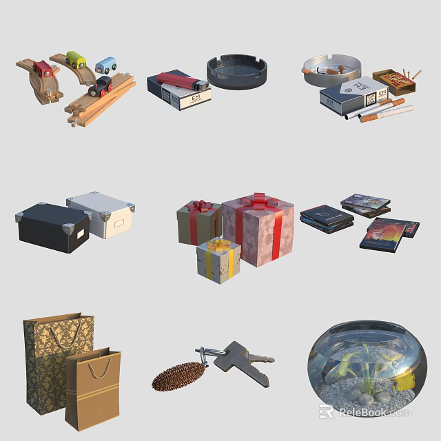 Various Household Items Including Gift Boxes Keys Storage Containers And Decorative Jars 3d model 
