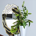 Elegant Wooden Dressing Table with Silver Lamp Gold Frame Mirror Green Plant and Tall Vase