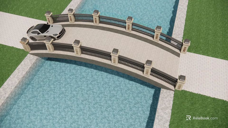 Scenic Landscape Bridge With Car Black Railing Stone Pillars Over Blue Water Area And Grass 3d model 