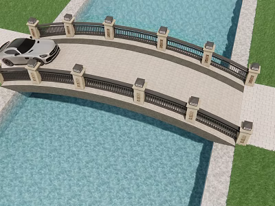 Scenic Landscape Bridge With Car Black Railing Stone Pillars Over Blue Water Area And Grass 3d model