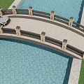 Scenic Landscape Bridge With Car Black Railing Stone Pillars Over Blue Water Area And Grass