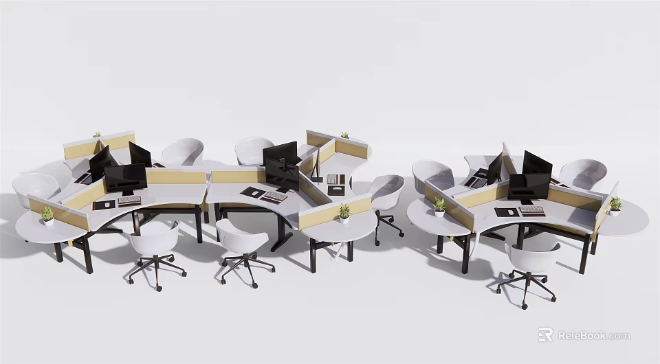 Modern Partitioned Office Desks With Ergonomic Chairs And Computer Monitors In Workspace 3d model 