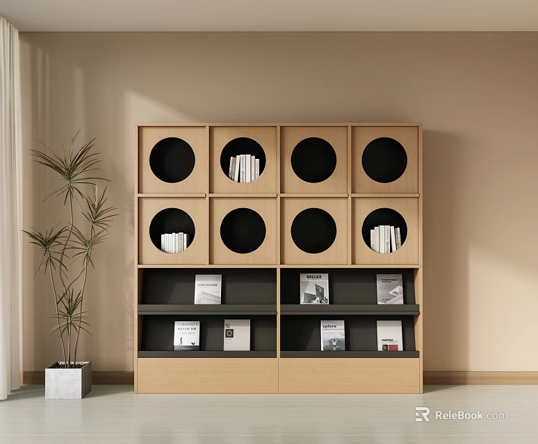 Modern Geometric Bookcase With Circular Square Compartments Books Decor And Potted Plant 3d model 