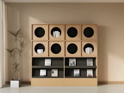 Modern Geometric Bookcase With Circular Square Compartments Books Decor And Potted Plant 3d model
