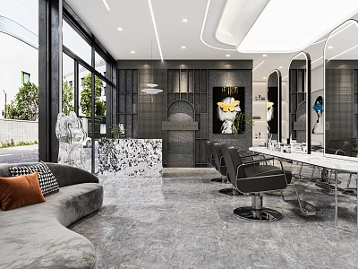 Modern Beauty Salon Interior Design With Marble Counter Sofa Mirrors And Stylish Salon Chairs 3d model