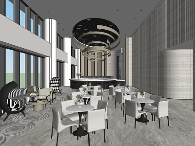 Modern Leisure Area With Round Tables White Chairs Chandelier And Large Windows 3d model