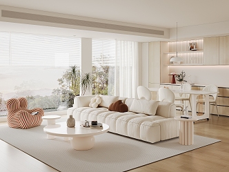 Cream Style Home Living Room Fabric Sofa Coffee Table Combination Mother and Mother Coffee Table Dining Table and Chair Combination Cabinet Venetian Blinds Leisure Sofa Chair Large Flat Layer 3d model