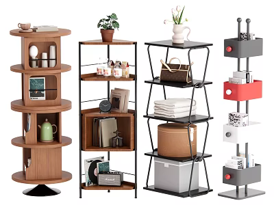 Modern Multi Tier Storage Shelves with Wooden and Metal Frames Displaying Plants Cups and Books 3d model