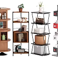 Modern Multi Tier Storage Shelves with Wooden and Metal Frames Displaying Plants Cups and Books