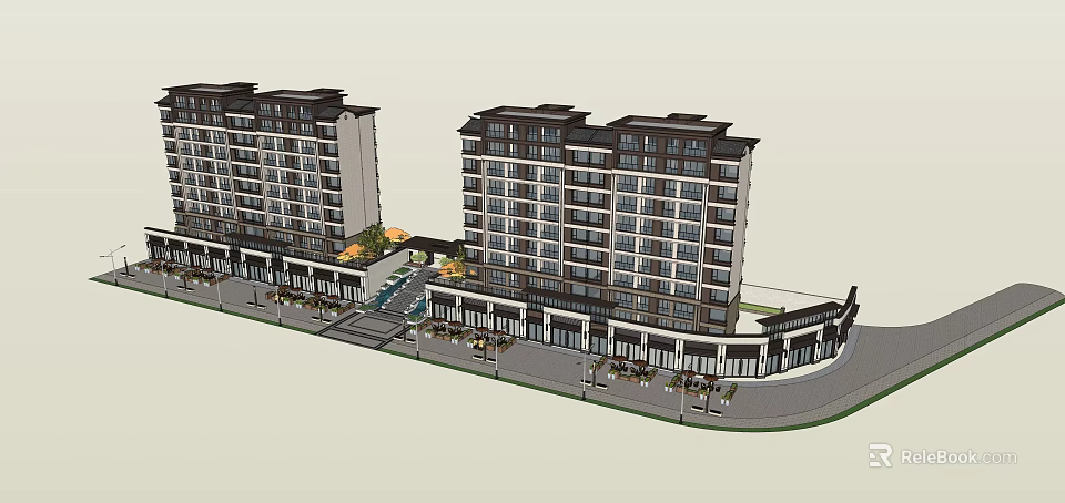 Modern Multistory Residential Buildings With Ground Floor Shops Street Greenery And Lamps 3d model 