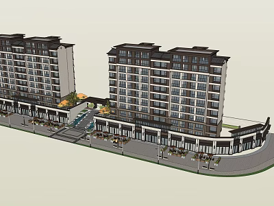 Modern Multistory Residential Buildings With Ground Floor Shops Street Greenery And Lamps 3d model