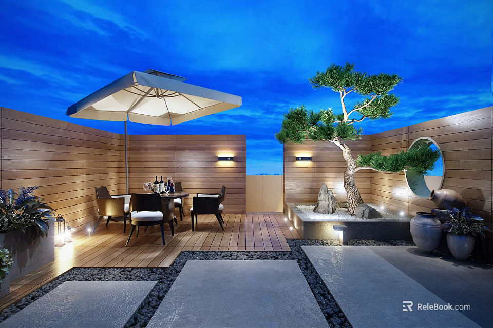 Modern Courtyard Garden with White Umbrella Dining Table Chairs Wooden Fence Decorative Tree and Lighting 3d model 