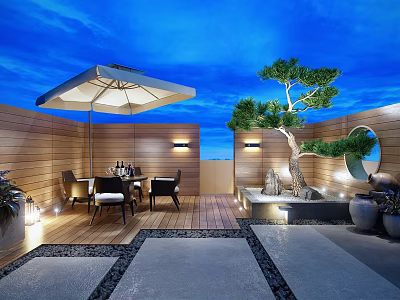Modern Courtyard Garden with White Umbrella Dining Table Chairs Wooden Fence Decorative Tree and Lighting 3d model