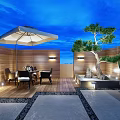 Modern Courtyard Garden with White Umbrella Dining Table Chairs Wooden Fence Decorative Tree and Lighting