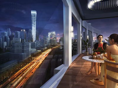 Bustling Commercial Street At Night With Bright Lights And Modern Shops 3d model