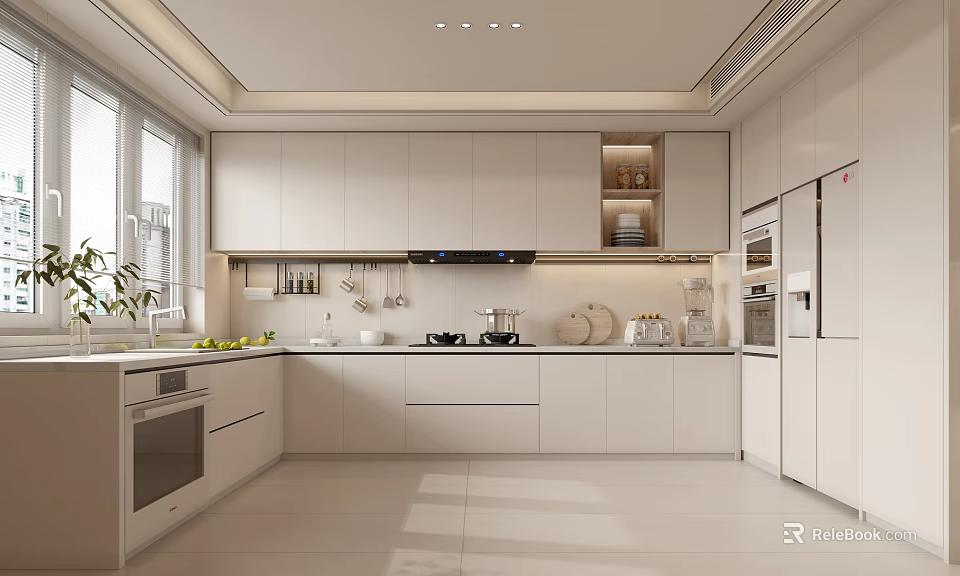 Modern Kitchen Interior With White Cabinets Island Countertop And Appliances 3d model 
