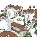 Traditional European Commercial Street Featuring Red Roofs Arcades Plaza Trees And Shops