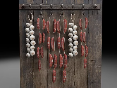 Traditional Hanging Food Storage With Sausages And Garlic Bulbs On Wooden Board 3d model