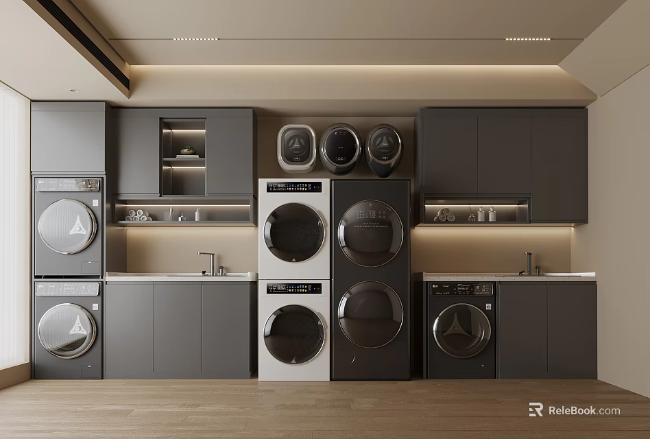 Modern Laundry Room Design With Multiple Washing Machines Dryers And Cabinet Storage 3d model 