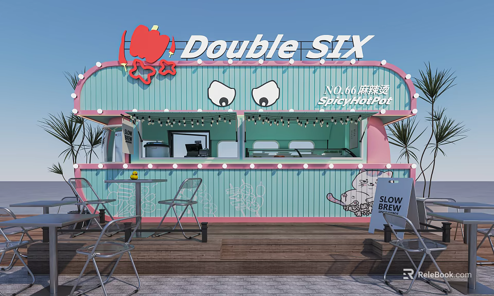 Double SIX Food Cart Restaurant With Pastel Green Pink Exterior Neon Sign And Outdoor Seating 3d model 