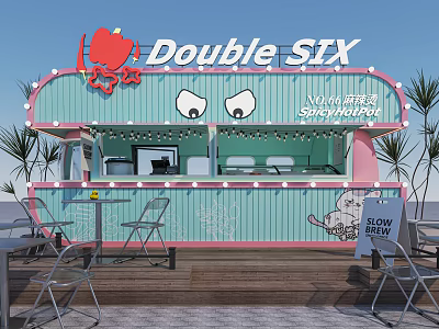 Double SIX Food Cart Restaurant With Pastel Green Pink Exterior Neon Sign And Outdoor Seating 3d model