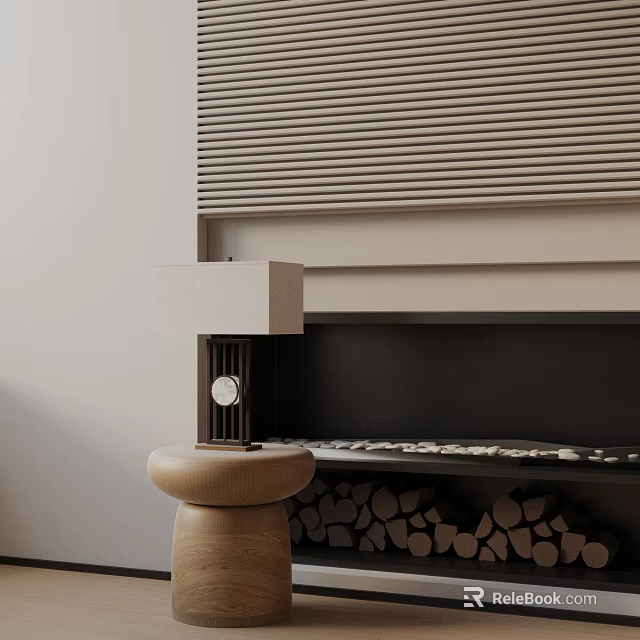 Minimalist Wooden Side Table With Lamp By Striped Wall Fireplace And Wood Logs 3d model 