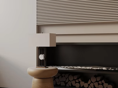 Minimalist Wooden Side Table With Lamp By Striped Wall Fireplace And Wood Logs 3d model