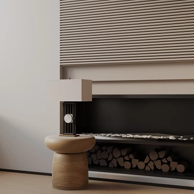 Minimalist Wooden Side Table With Lamp By Striped Wall Fireplace And Wood Logs 3d model