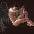 Black Winged Muscular Male Nude Figure Sitting with Crossed Arms and Knees Against Dark Background