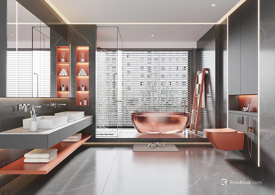 Modern Elegant Bathroom Interior With Double Vanity Sinks Copper Bathtub Large Mirror And Marble Flooring 3d model 