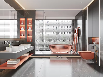 Modern Elegant Bathroom Interior With Double Vanity Sinks Copper Bathtub Large Mirror And Marble Flooring 3d model