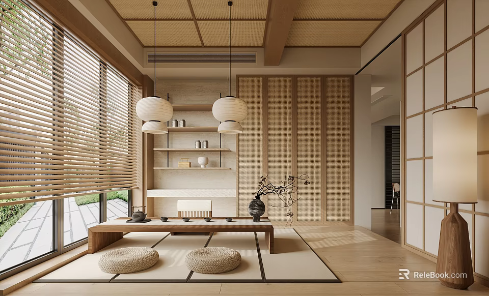 Traditional Japanese Tea Room Interior With Tatami Low Table And Pendant Lights 3d model 