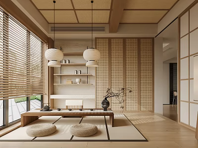 Traditional Japanese Tea Room Interior With Tatami Low Table And Pendant Lights 3d model