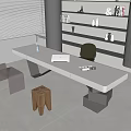 Desk and Chair Combination Casual Long Desk Fabric Leisure Chair Acrylic Shaped Chair Solid Wood Square Stool Background Decorative Shelf Bookshelf Tablet Desk Lamp Books 3d model