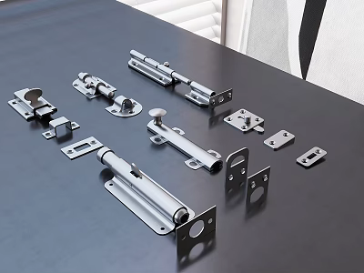 Stainless Steel Door Hardware Latches Hinges And Fittings On Black Tabletop 3d model