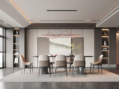 Elegant Modern Restaurant Interior With Dining Table Chairs Pendant Light Artwork And Storage Cabinets 3d model