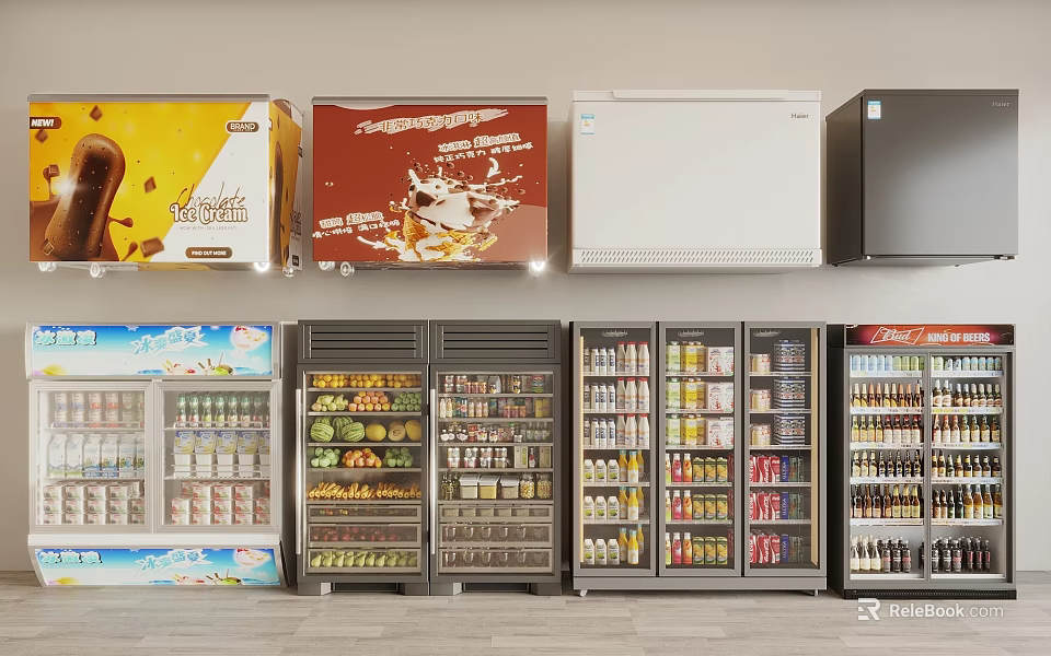 Commercial Refrigerators and Freezers with Glass Doors Displaying Food and Beverages in Various Designs 3d model 