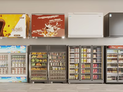 Commercial Refrigerators and Freezers with Glass Doors Displaying Food and Beverages in Various Designs 3d model
