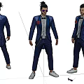Game and Movie Character in Blue Sequined Suit Topknot Purple Sunglasses Red Boutonniere White Shoes