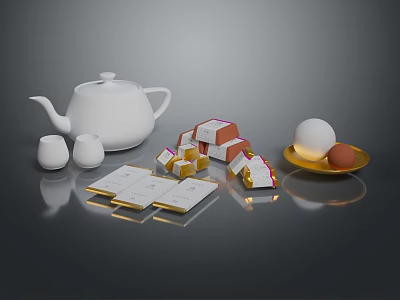 Household Items Collection Featuring White Teapot Cups Tea Bags And Eggs On Plate 3d model